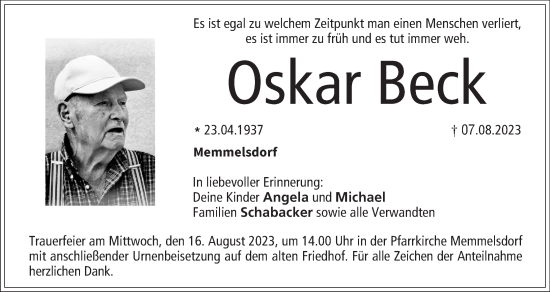 Anzeige von Oskar Beck von MGO