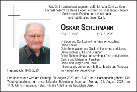 Anzeige von Oskar Schuhmann von MGO