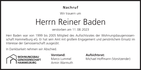 Anzeige von Reiner Baden von MGO