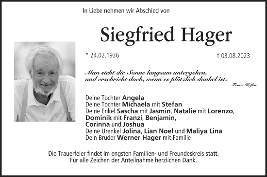 Anzeige von Siegfried Hager von MGO