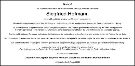 Anzeige von Siegfried Hofmann von MGO