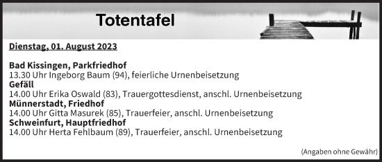 Anzeige von Totentafel vom 01.08.2023 von MGO