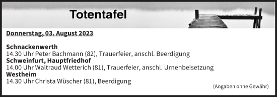 Anzeige von Totentafel vom 03.08.2023 von MGO