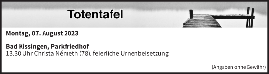 Anzeige von Totentafel vom 07.08.2023 von MGO