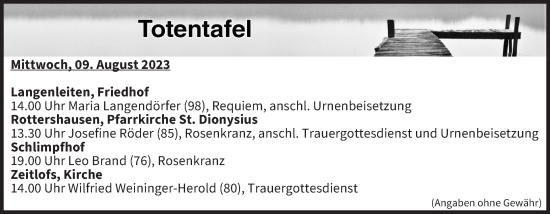 Anzeige von Totentafel vom 09.08.2023 von MGO