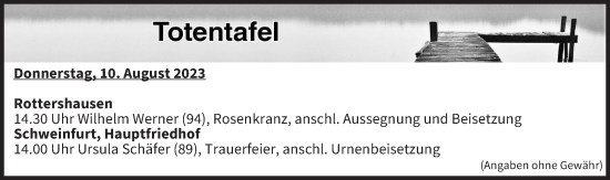 Anzeige von Totentafel vom 10.08.2023 von MGO