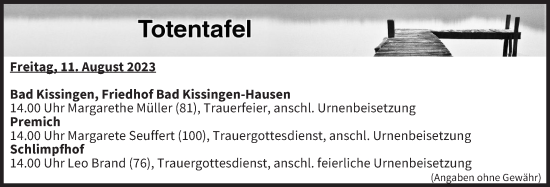Anzeige von Totentafel vom 11.08.2023 von MGO