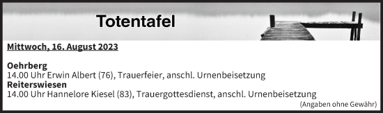 Anzeige von Totentafel vom 16.08.2023 von MGO