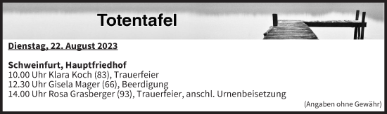 Anzeige von Totentafel vom 22.08.2023 von MGO