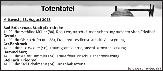 Anzeige von Totentafel vom 23.08.2023 von MGO