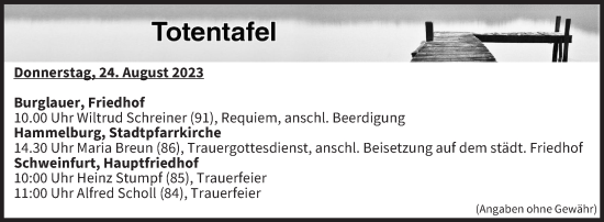 Anzeige von Totentafel vom 24.08.2023 von MGO