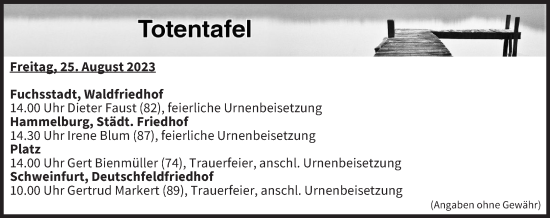 Anzeige von Totentafel vom 25.08.2023 von MGO