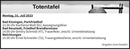 Anzeige von Totentafel vom 31.07.2023 von MGO