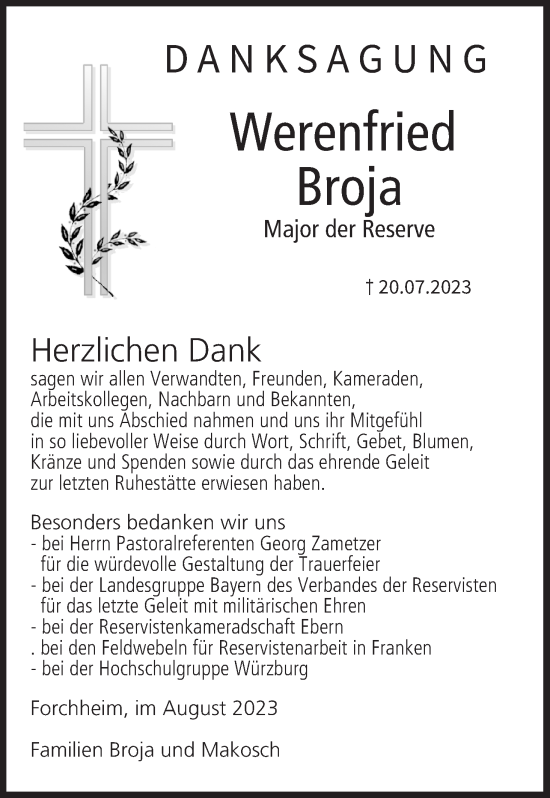 Anzeige von Werenfried Broja von MGO