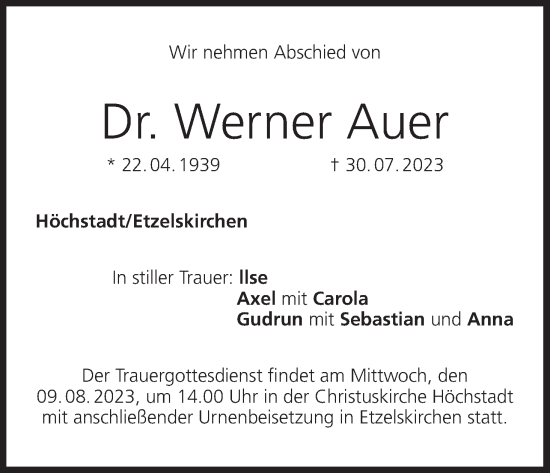 Anzeige von Werner Auer von MGO