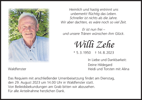 Anzeige von Willi Zehe von MGO