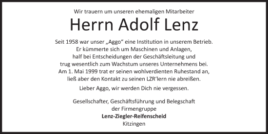 Anzeige von Adolf Lenz von MGO