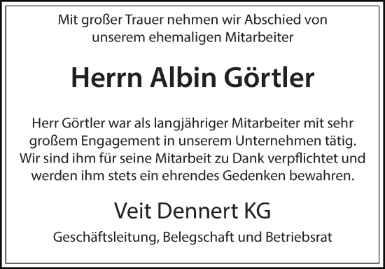 Anzeige von Albin Görtler von MGO