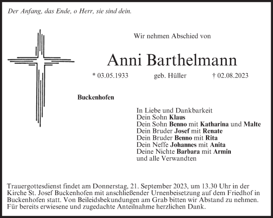 Anzeige von Anni Barthelmann von MGO