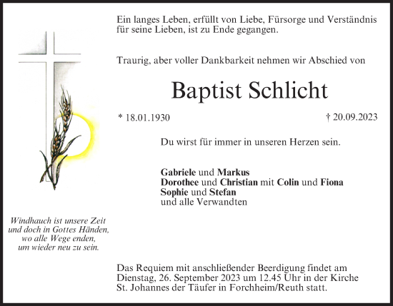 Anzeige von Baptist Schlicht von MGO