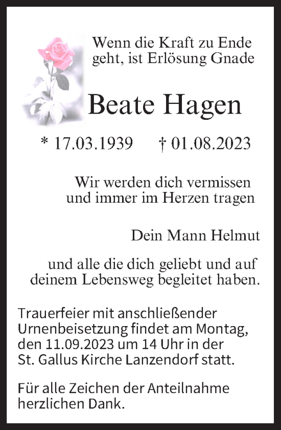 Anzeige von Beate Hagen von MGO