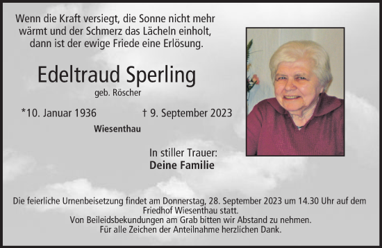 Anzeige von Edeltraud Sperling von MGO