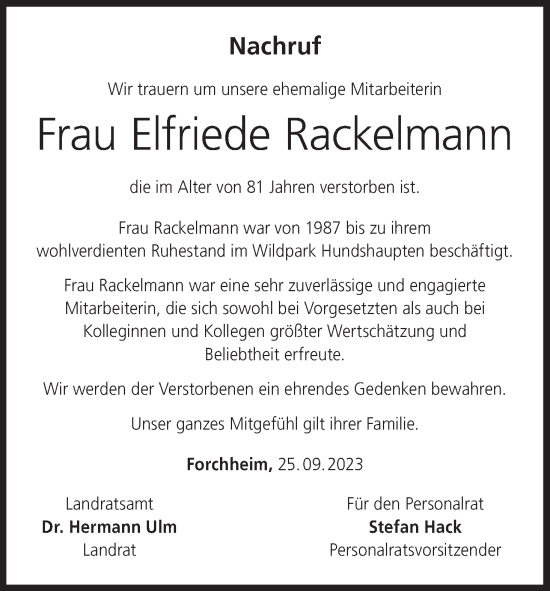 Anzeige von Elfriede Rackelmann von MGO