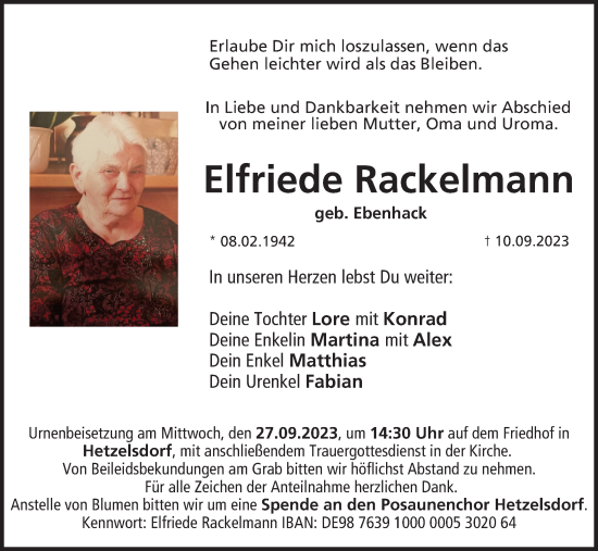 Anzeige von Elfriede Rackelmann von MGO