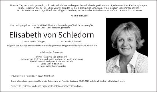Anzeige von Elisabeth von Schledorn von MGO