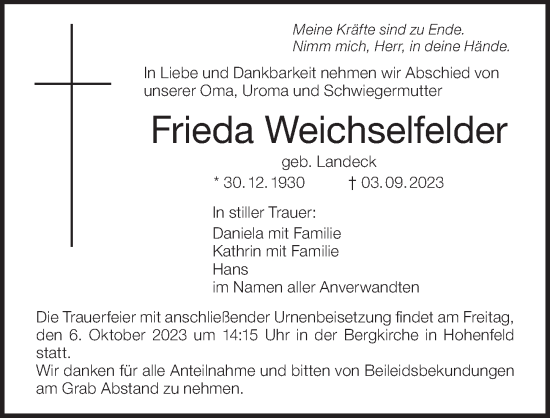 Anzeige von Frieda Weichselfelder von MGO