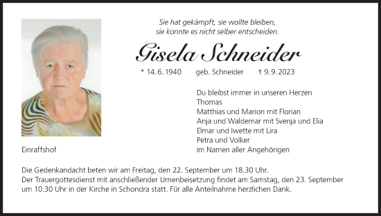 Anzeige von Gisela Schneider von MGO