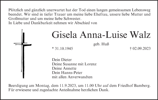 Anzeige von Gisela Anna-Luise Walz von MGO