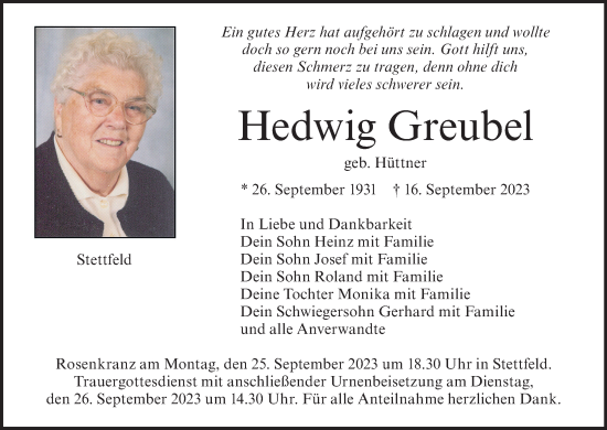 Anzeige von Hedwig Greubel von MGO