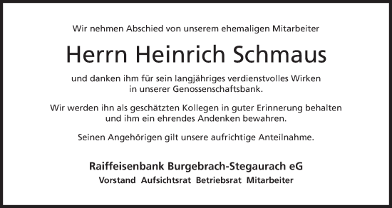 Anzeige von Heinrich Schmaus von MGO