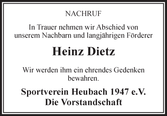Anzeige von Heinz Dietz von MGO