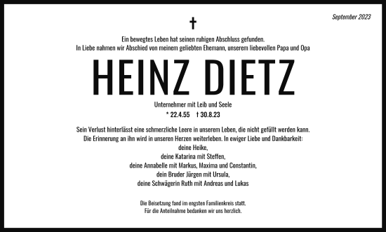 Anzeige von Heinz Dietz von MGO