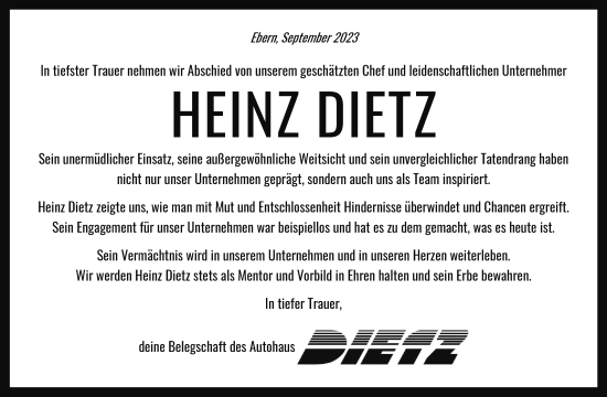 Anzeige von Heinz Dietz von MGO