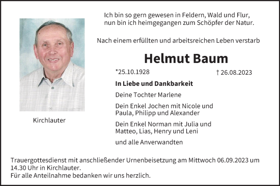 Anzeige von Helmut Baum von MGO