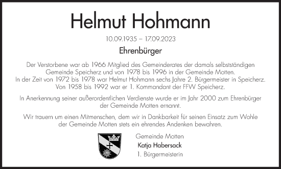 Anzeige von Helmut Hohmann von MGO