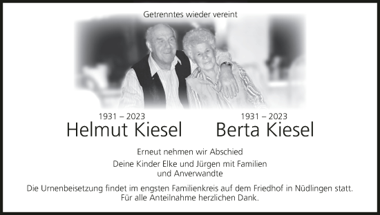 Anzeige von Helmut Kiesel von MGO