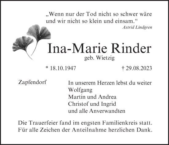 Anzeige von Ina-Marie Rinder von MGO