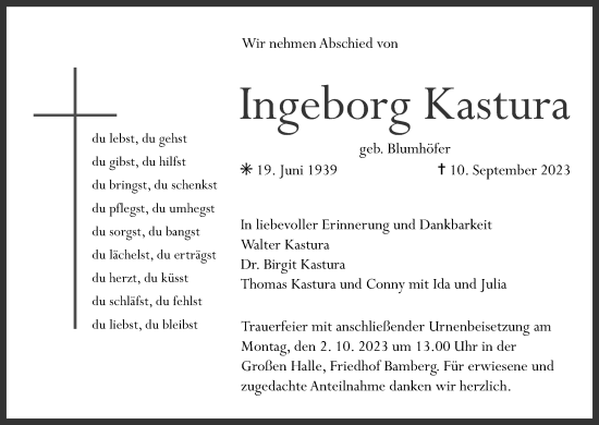 Anzeige von Ingeborg Kastura von MGO