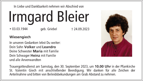 Anzeige von Irmgard Bleier von MGO