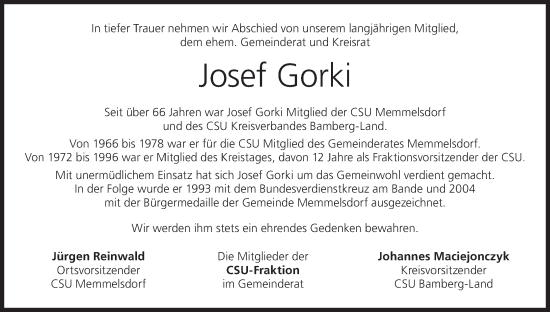 Anzeige von Josef Gorki von MGO