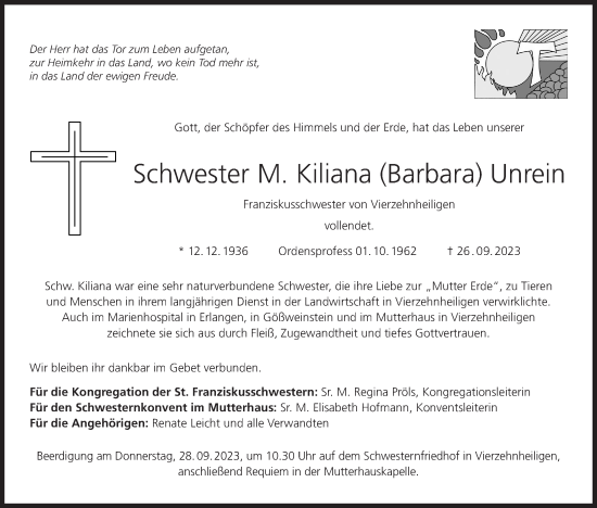 Anzeige von Kiliana Barbara Unrein von MGO