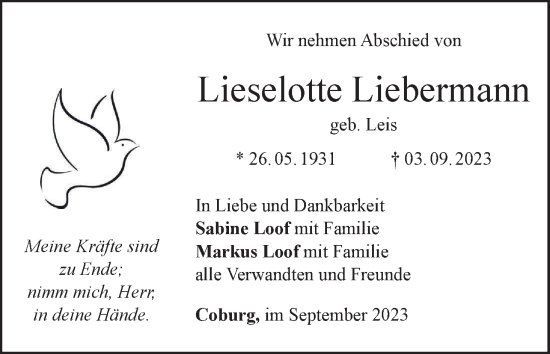 Anzeige von Lieselotte Liebermann von MGO