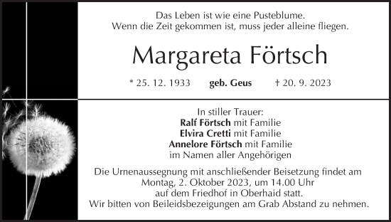Anzeige von Margareta Förtsch von MGO