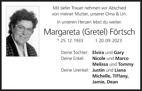 Anzeige von Margareta Förtsch von MGO