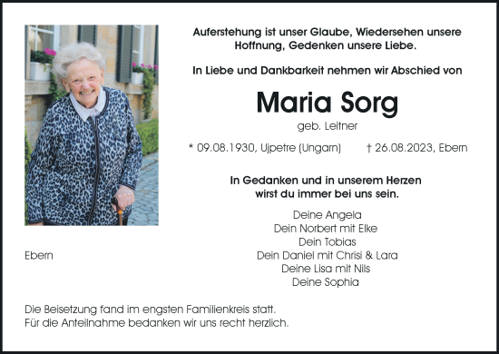 Anzeige von Maria Sorg von MGO