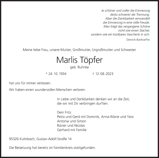 Anzeige von Marlis Töpfer von MGO